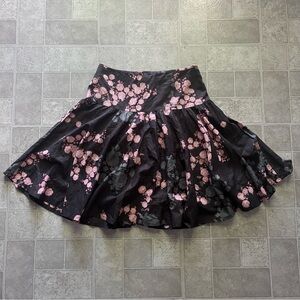 Floral pleated flowy midi skirt pink flowers dark grey thick high waisted